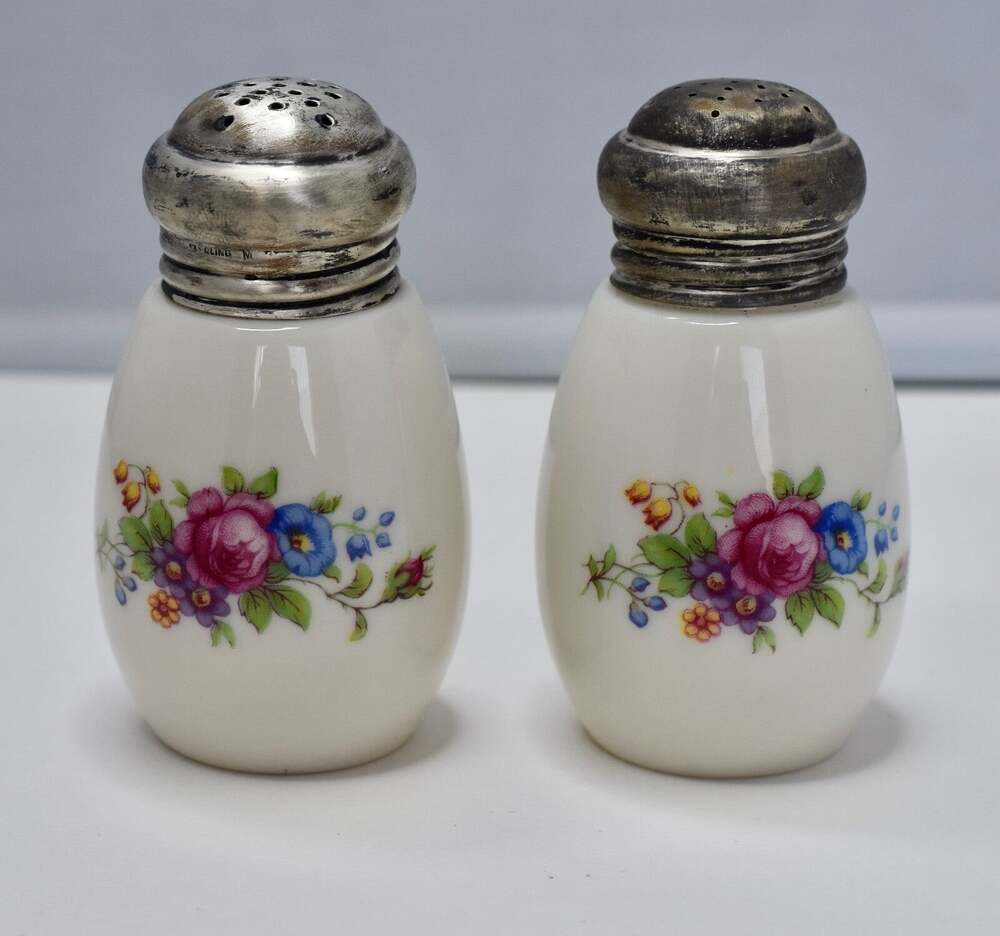 LENOX French Country Rose Salt & Pepper Shakers Porcelain & Sterling Silver Tops